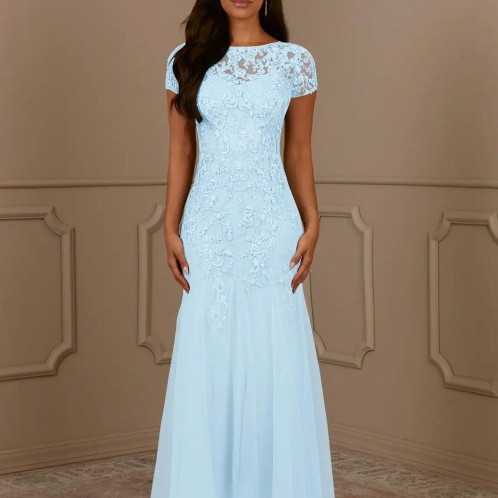 NWT Azazie Light Blue Lace Maxi Gown
